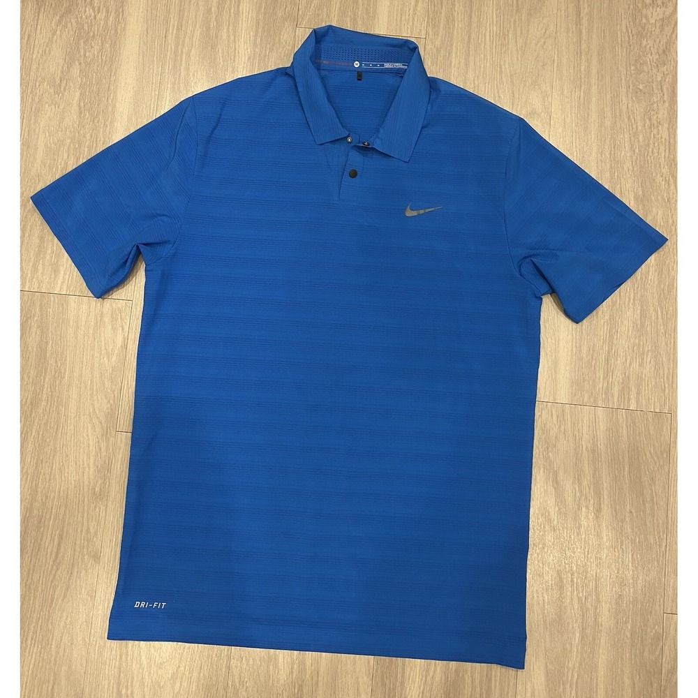 Nike TW Tiger Woods Collection Metal Snap Golf Polo Mens sz Medium Blue Stripe